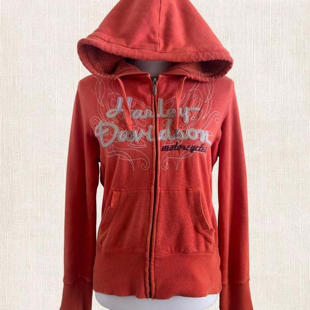 Harley Davidson Vintage Y2K Embroidered Zip Up Hoodie Sweatshirt Orange M
